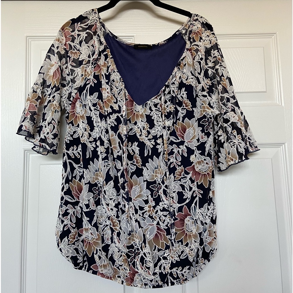 Navy floral blouson top, peasant style size PL